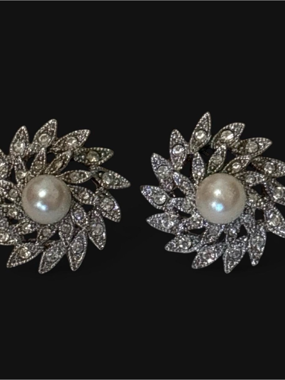NWOT Pearl Centered Silver-Tone Crystal Flower Clip On Earrings